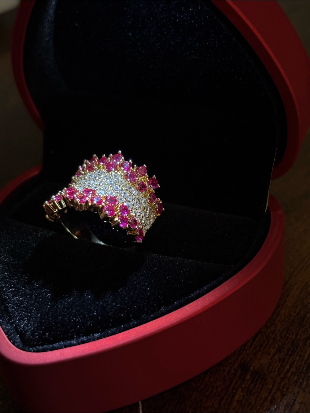 Gold Cocktail Ring with Pink Stones and Clear Accents
